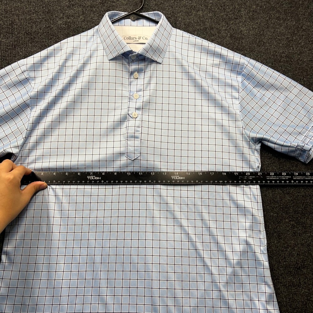 Collars & Co Mens Dress Collar Polo Shirt Blue Windowpane Performance Large 2566 - Picture 4 of 8